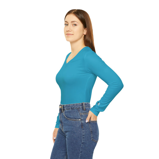 Women's Aqua Long Sleeve V-Neck Shirt XS - 4XL